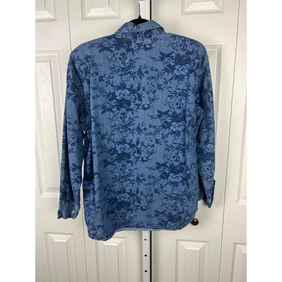 90s Denim Rose Floral Print Button Up Blouse Top Size Small Boho Western Cottage - Picture 5 of 7